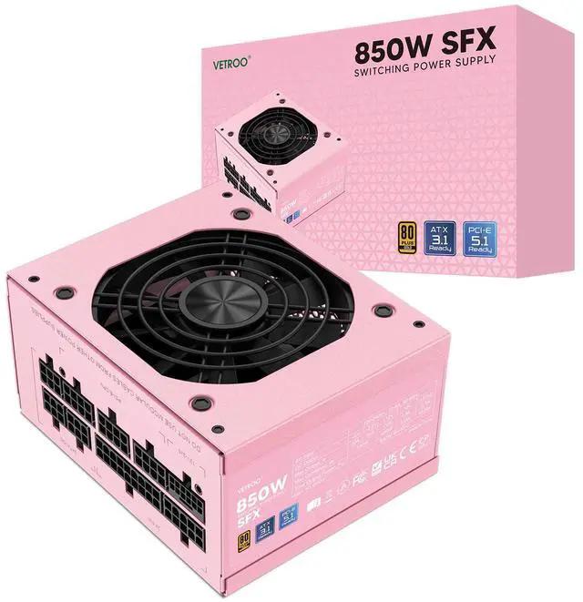Main image of Vetroo 850W SFX Power Supply ATX 3.1 & PCIE 5.1 Ready, 80 Plus Gold Certificate Fully Modular, 90mm FDB Fan for Low-Noise Operation, SFX-to-ATX Bracket, 10-Year Warranty - Pink