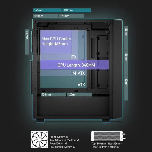 Alt view image 4 of 7 - DARKROCK EC2 Black ATX Mid Tower PC Case with 4x120mm Black Fan, Type-C Ready, Tempered Glass Side Panel, up to 8 x 120mm Cooling Fans & 1 x 360mm Radiator