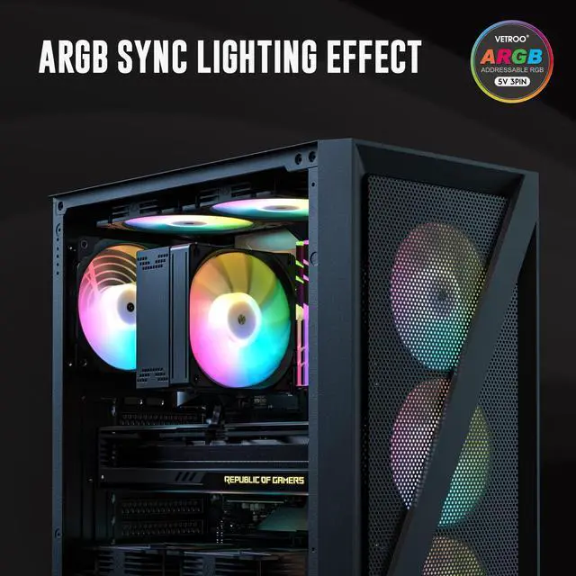 Alt view image 5 of 7 - Vetroo V5E CPU Air Cooler with Brushed Finish Design & 5 Heat Pipes, 120mm FDB & PWM Fan, ARGB LED Lighting Sync Cooling for Intel LGA 1851/1700/1200/115X & AMD AM5/AM4 - Black