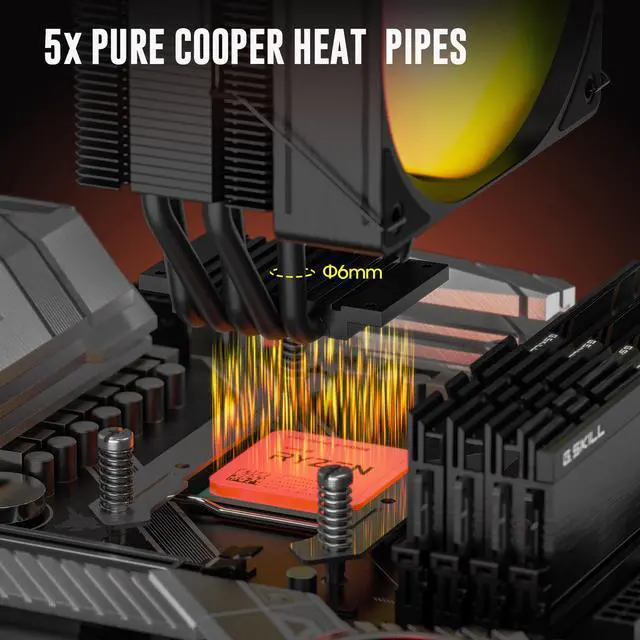 Alt view image 3 of 7 - Vetroo V5E CPU Air Cooler with Brushed Finish Design & 5 Heat Pipes, 120mm FDB & PWM Fan, ARGB LED Lighting Sync Cooling for Intel LGA 1851/1700/1200/115X & AMD AM5/AM4 - Black