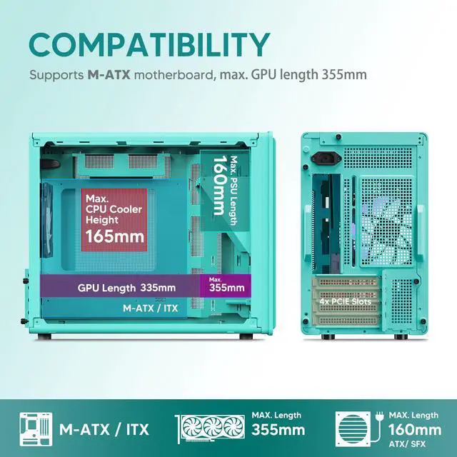 Alt view image 3 of 7 - Vetroo M06 Micro-ATX/Mini-ITX Gaming PC Case, Compact High Airflow Mesh Mid Tower, Supports 5×120mm Fans & 240mm Liquid Cooling, GPU Up to 355mm, Adjustable PSU Mount, USB Type-C I/O - Mint Green
