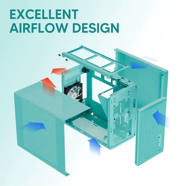Alt view image 6 of 7 - Vetroo M06 Micro-ATX/Mini-ITX Gaming PC Case, Compact High Airflow Mesh Mid Tower, Supports 5×120mm Fans & 240mm Liquid Cooling, GPU Up to 355mm, Adjustable PSU Mount, USB Type-C I/O - Mint Green