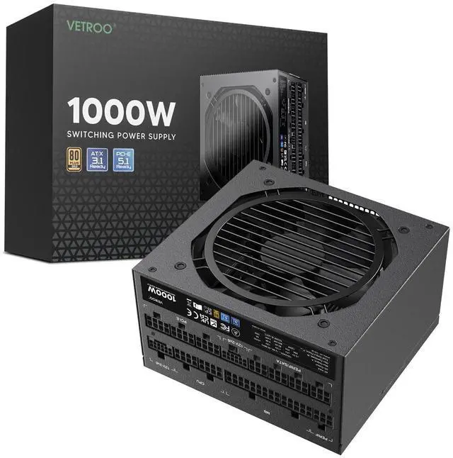 Main image of Vetroo 1000W Black Power Supply ATX 3.1 Ready Dual PCIe 5.1, 80 Plus Gold Full Modular, Compact Size, Eco Mode with 120mm FDB Fan, 10 Year Warranty, for Gaming PC and More