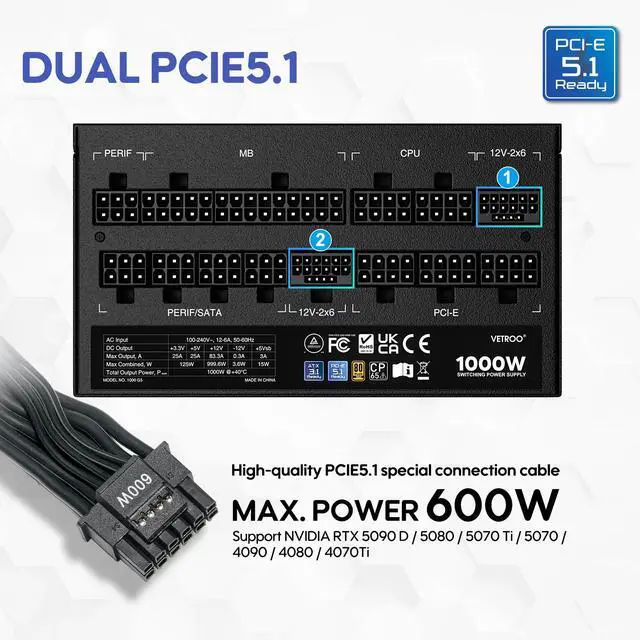 Alt view image 2 of 7 - Vetroo 1000W Black Power Supply ATX 3.1 Ready Dual PCIe 5.1, 80 Plus Gold Full Modular, Compact Size, Eco Mode with 120mm FDB Fan, 10 Year Warranty, for Gaming PC and More