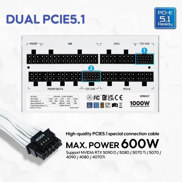 Alt view image 2 of 7 - Vetroo 1000W White Power Supply ATX 3.1 Ready Dual PCIe 5.1, 80 Plus Gold Full Modular, Compact Size, Eco Mode with 120mm FDB Fan, 10 Year Warranty, for Gaming PC and More