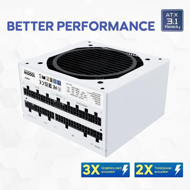 Alt view image 3 of 7 - Vetroo 1000W White Power Supply ATX 3.1 Ready Dual PCIe 5.1, 80 Plus Gold Full Modular, Compact Size, Eco Mode with 120mm FDB Fan, 10 Year Warranty, for Gaming PC and More