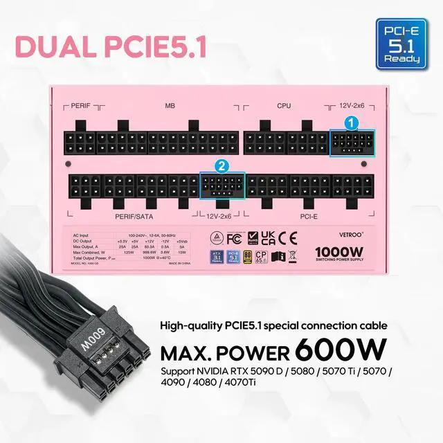 Alt view image 2 of 7 - Vetroo 1000W Pink Power Supply ATX 3.1 Ready Dual PCIe 5.1, 80 Plus Gold Full Modular, Eco Mode with 120mm FDB Fan, Compact Size, 10 Year After-Sales Service