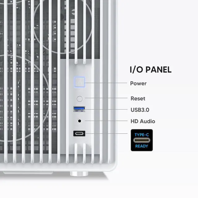 Alt view image 5 of 7 - Vetroo M06 Micro-ATX/Mini-ITX Gaming PC Case, Compact High Airflow Mesh Mid Tower, Supports 5×120mm Fans & 240mm Liquid Cooling, GPU Up to 355mm, Adjustable PSU Mount, USB Type-C I/O - White