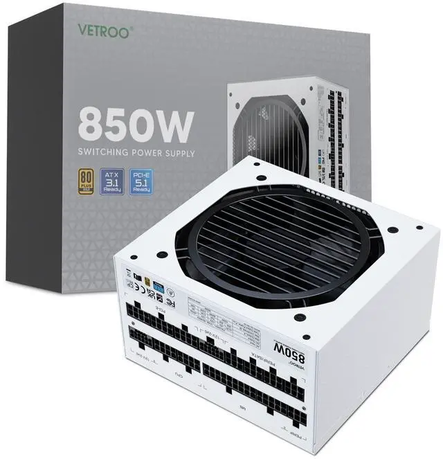 Vetroo 850W Power Supply Dual PCIe 5.1 ATX 3.1 Ready, 80 Plus Gold Full Modular, Quiet Operation with 120mm FDB Fan, 10-Year Warranty - White