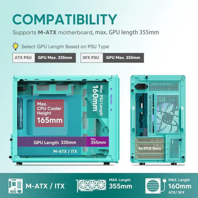 Alt view image 3 of 7 - Vetroo M06 Micro-ATX/Mini-ITX Gaming PC Case, Compact High Airflow Mesh Mid Tower, Supports 5×120mm Fans & 240mm Liquid Cooling, GPU Up to 355mm, Adjustable PSU Mount, USB Type-C I/O - Mint Green