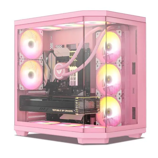 Alt view image 7 of 7 - Vetroo CT3 ATX Mid-Tower Gaming Computer PC Case, Triple-Sided Tempered Glass Panoramic View, Supports 360mm Radiator & 11 Fans, Up to 410mm GPU, Type-C Ready, High-Airflow for 50 Series GPUs - Pink