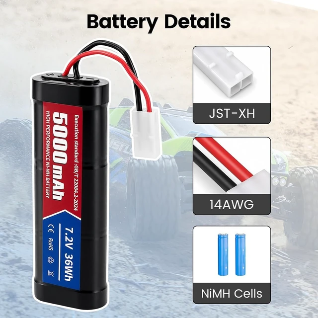 Alt view image 2 of 3 - GANGXUN 7.2 V 5000 mAh NiMH Battery, RC Battery with KET-2P Plug and USB Charging Cable, Rechargeable Battery for RC Car, Truck, Plane, Helicopter, Boat, Pack of 2