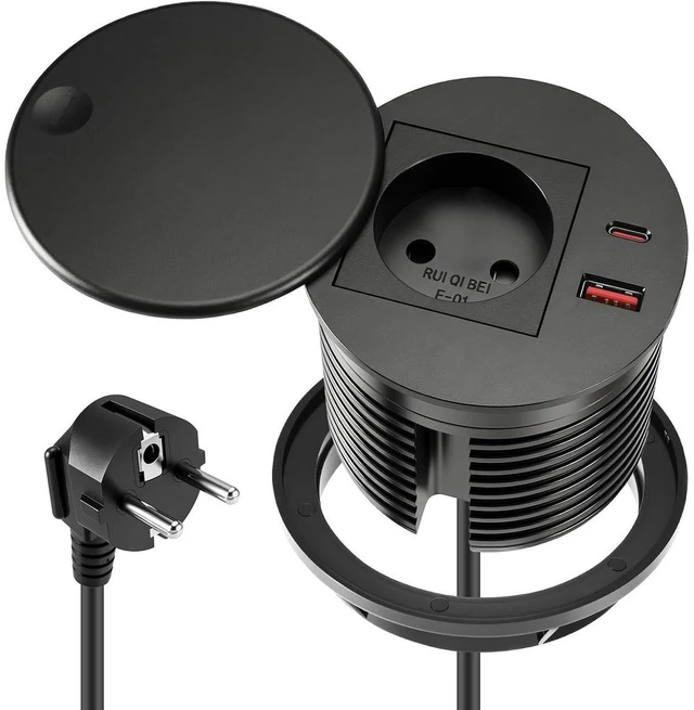 Main image of GANGXUN Built-in Power Strip Round 80mm with USB-C PD20W + USB-A Built-in Power Strip for Worktop, Desk, Kitchen, Furniture, European Socket with 1.5m Cable