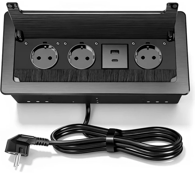 Main image of GANGXUN Retractable Socket 3-Way with Lid, 2 USB-C PD 30 W Quick Charge, Table Socket with Brush Seal for Conference Table, Worktop & Office, 1.8 m Cable, Black