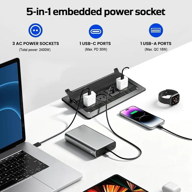 Alt view image 2 of 3 - GANGXUN Retractable Socket 3-Way with Lid, 2 USB-C PD 30 W Quick Charge, Table Socket with Brush Seal for Conference Table, Worktop & Office, 1.8 m Cable, Black