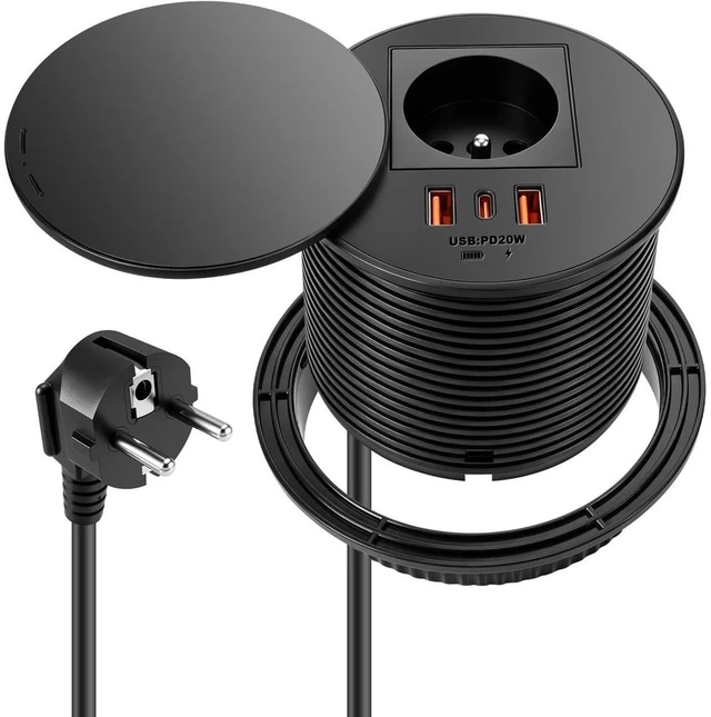 Main image of GANGXUN 80mm Round Flush Mount Socket with USB-C PD20W + 2 USB-A Power Strip for Countertop Office Kitchen Furniture French Socket with 1.5M Cable