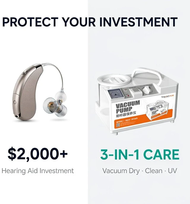 Alt view image 3 of 7 - Tingoton Hearing Aid Dryer Vacuum Drying Care Machine, 3-in-1 Dehumidifier Cleaner with Timer for All Hearing Aids Cochlear Implants Earmolds