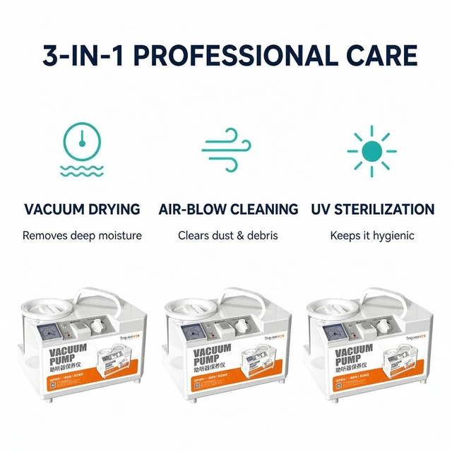 Alt view image 4 of 7 - Tingoton Hearing Aid Dryer Vacuum Drying Care Machine, 3-in-1 Dehumidifier Cleaner with Timer for All Hearing Aids Cochlear Implants Earmolds