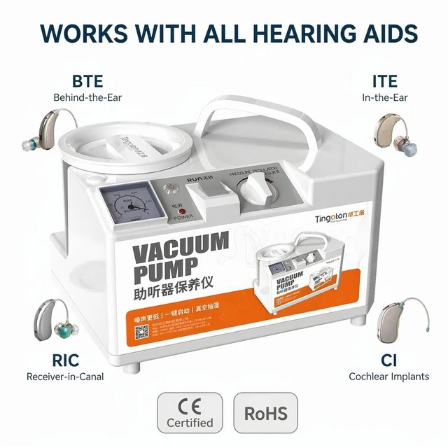 Alt view image 5 of 7 - Tingoton Hearing Aid Dryer Vacuum Drying Care Machine, 3-in-1 Dehumidifier Cleaner with Timer for All Hearing Aids Cochlear Implants Earmolds