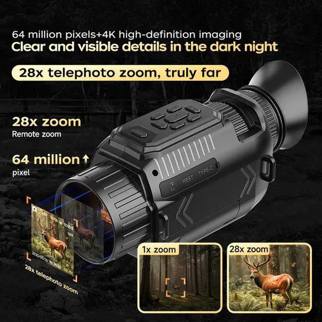 Alt view image 4 of 7 - 4K Night Vision Goggles Night Vision Camera Digital Camera Dual-use Day & Night with WiFi Transmission 32G Card 28x Zoom 64MP Photo IPS Display Weatherproof 8H Battery