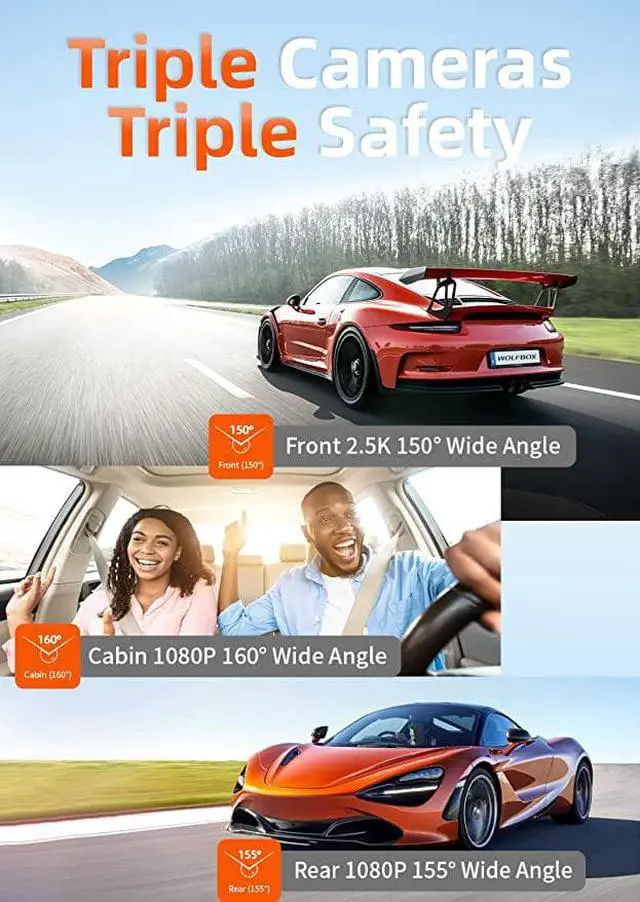 Alt view image 2 of 6 - WOLFBOX i07 Dash Cam, 3 Channel Dash Cam Built in WiFi GPS, 4K+1080P Dash Camera Front and Inside, 2K 1440P+1080P+1080P, 3" LCD Super IR Night Vision, 24 Hours Parking Monitor, Support 128GB Max