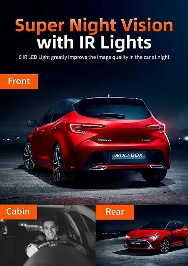 Alt view image 4 of 6 - WOLFBOX i07 Dash Cam, 3 Channel Dash Cam Built in WiFi GPS, 4K+1080P Dash Camera Front and Inside, 2K 1440P+1080P+1080P, 3" LCD Super IR Night Vision, 24 Hours Parking Monitor, Support 128GB Max