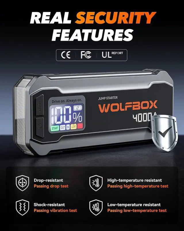 Alt view image 7 of 7 - WOLFBOX 4000A Jump Starter,12V Car Battery Jump Starter with LED Display,65W Quick Charger,24000mAh Portable Jump Starter Battery Pack(10L Gas 10L Diesel Engine) with Booster,LED Light,Jumper Cables