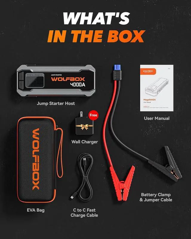 Alt view image 6 of 7 - WOLFBOX 4000A Jump Starter,12V Car Battery Jump Starter with LED Display,65W Quick Charger,24000mAh Portable Jump Starter Battery Pack(10L Gas 10L Diesel Engine) with Booster,LED Light,Jumper Cables