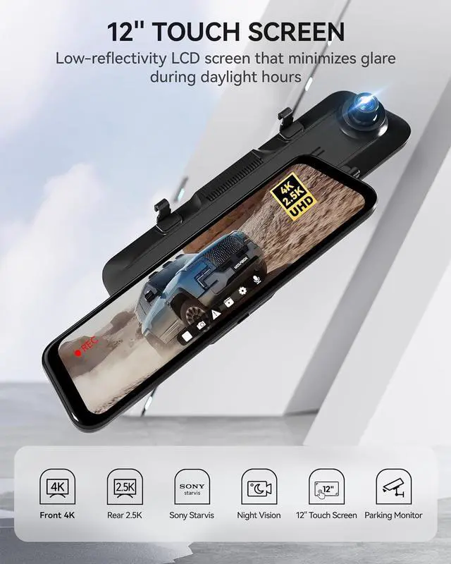 Alt view image 3 of 5 - WOLFBOX Rear View Mirror Camera:Mirror Dash Cam Front and Rear 4K+2.5K for Car with 12" Full Touch Screen, Waterproof Backup WDR Camera, Night Vision, G-Sensor, Parking Assist,Free 64GB Card & GPS