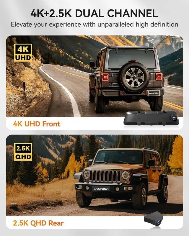 Alt view image 4 of 5 - WOLFBOX Rear View Mirror Camera:Mirror Dash Cam Front and Rear 4K+2.5K for Car with 12" Full Touch Screen, Waterproof Backup WDR Camera, Night Vision, G-Sensor, Parking Assist,Free 64GB Card & GPS