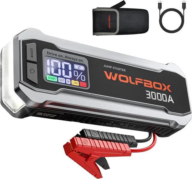 Main image of WOLFBOX 3000A Emergency Jump Starter - 16000mAh Portable Car Battery Booster Pack, Fast Charge, Supports 8L Gas/6L Diesel Engines, Built-in LED Flashlight & Smart Safety for Cars, Trucks, RVs