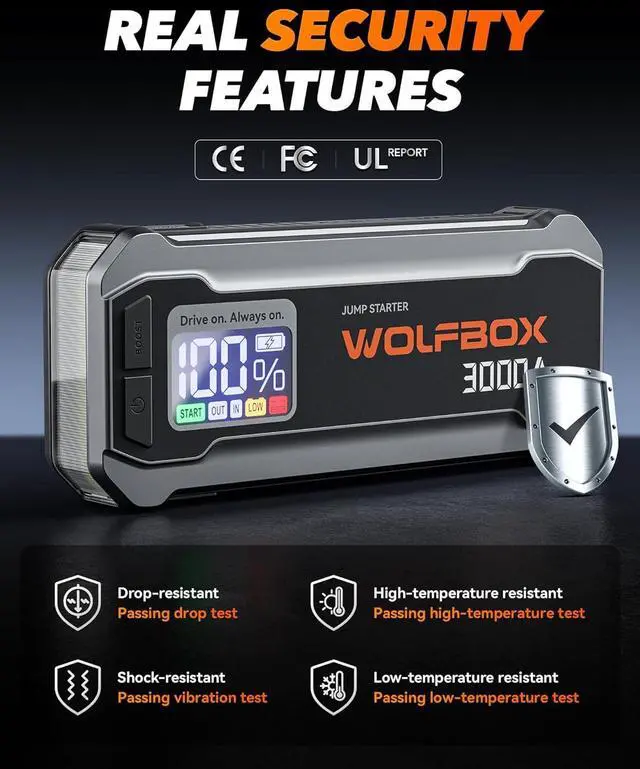 Alt view image 5 of 7 - WOLFBOX 3000A Emergency Jump Starter - 16000mAh Portable Car Battery Booster Pack, Fast Charge, Supports 8L Gas/6L Diesel Engines, Built-in LED Flashlight & Smart Safety for Cars, Trucks, RVs