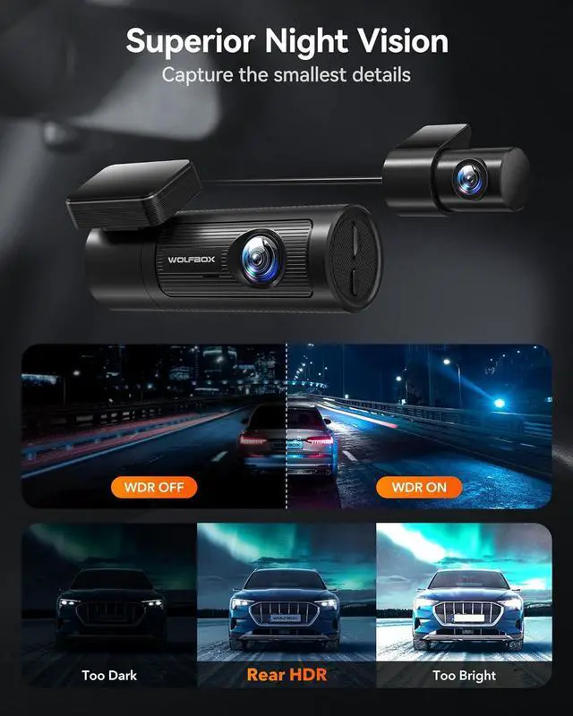 Alt view image 5 of 7 - WolfBox I05 Dual Dash Cam Front and Rear, 4K UHD + 1080P Cars DashCam Built-in GPS & WiFi, Super Night Vision, WDR, Free 64G Card, Loop Recording