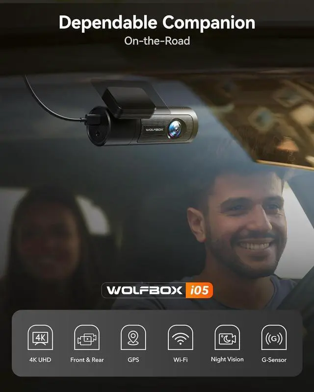 Alt view image 3 of 7 - WolfBox I05 Dual Dash Cam Front and Rear, 4K UHD + 1080P Cars DashCam Built-in GPS & WiFi, Super Night Vision, WDR, Free 64G Card, Loop Recording