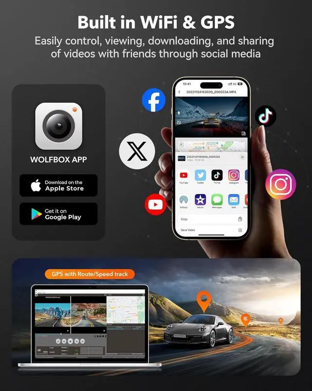 Alt view image 6 of 7 - WolfBox I05 Dual Dash Cam Front and Rear, 4K UHD + 1080P Cars DashCam Built-in GPS & WiFi, Super Night Vision, WDR, Free 64G Card, Loop Recording