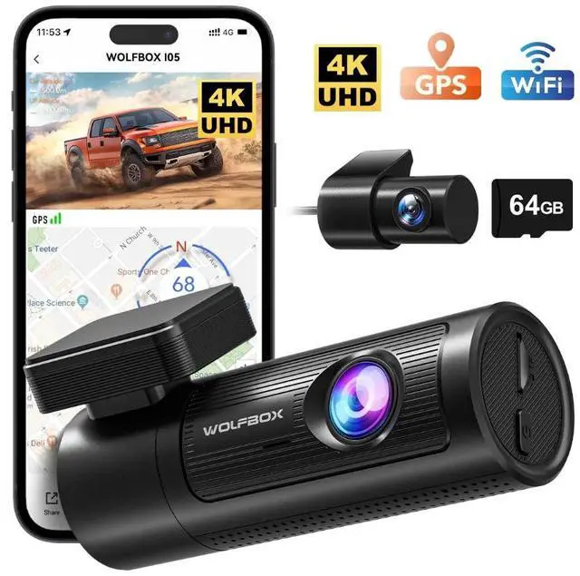 Main image of WolfBox I05 Dual Dash Cam Front and Rear, 4K UHD + 1080P Cars DashCam Built-in GPS & WiFi, Super Night Vision, WDR, Free 64G Card, Loop Recording
