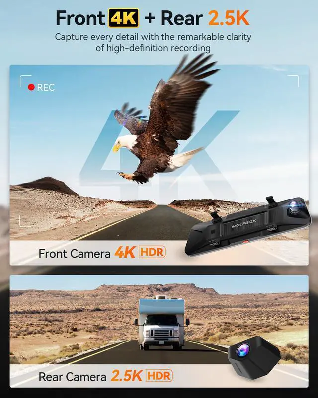 Alt view image 2 of 7 - WOLFBOX 12inch G900 PRO Mirror Dash Cam with STARVIS 2 IMX678, Rear View Mirror Camera with Front 4K and Rear 2.5K, Included 128GB Card, Voice Control, 5.8GHz WiFi, Loop Recording, G-Sensor & GPS