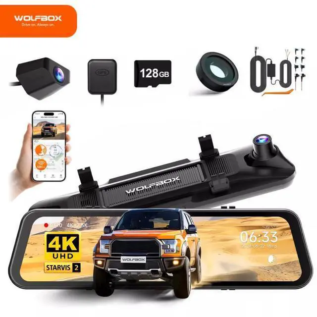 Main image of WOLFBOX 12inch G900 PRO Mirror Dash Cam with STARVIS 2 IMX678, Rear View Mirror Camera with Front 4K and Rear 2.5K, Included 128GB Card, Voice Control, 5.8GHz WiFi, Loop Recording, G-Sensor & GPS