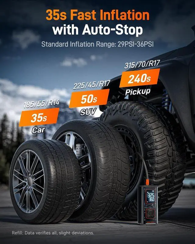 Alt view image 2 of 7 - WOLFBOX Cordless Tire Inflator - 150 PSI Digital Air Compressor, 12000mAh 58LPM Fast Air Pump Rechargeable Battery, Emergency LED Light for Cars, Trucks, Bikes, RV & Motorcycles (Black)