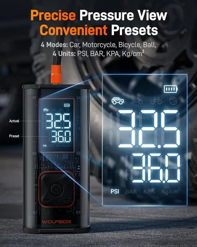 Alt view image 5 of 7 - WOLFBOX Cordless Tire Inflator - 150 PSI Digital Air Compressor, 12000mAh 58LPM Fast Air Pump Rechargeable Battery, Emergency LED Light for Cars, Trucks, Bikes, RV & Motorcycles (Black)