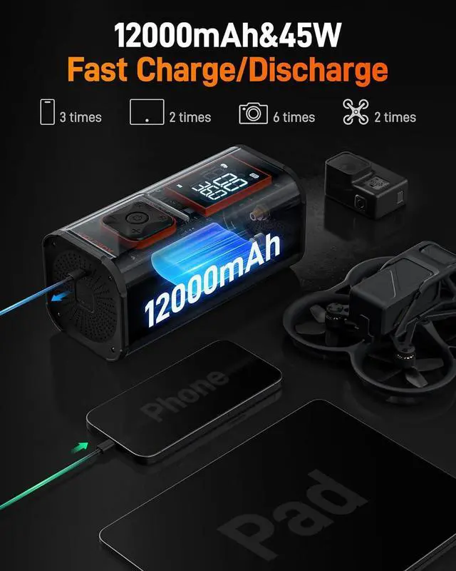 Alt view image 6 of 7 - WOLFBOX Cordless Tire Inflator - 150 PSI Digital Air Compressor, 12000mAh 58LPM Fast Air Pump Rechargeable Battery, Emergency LED Light for Cars, Trucks, Bikes, RV & Motorcycles (Black)