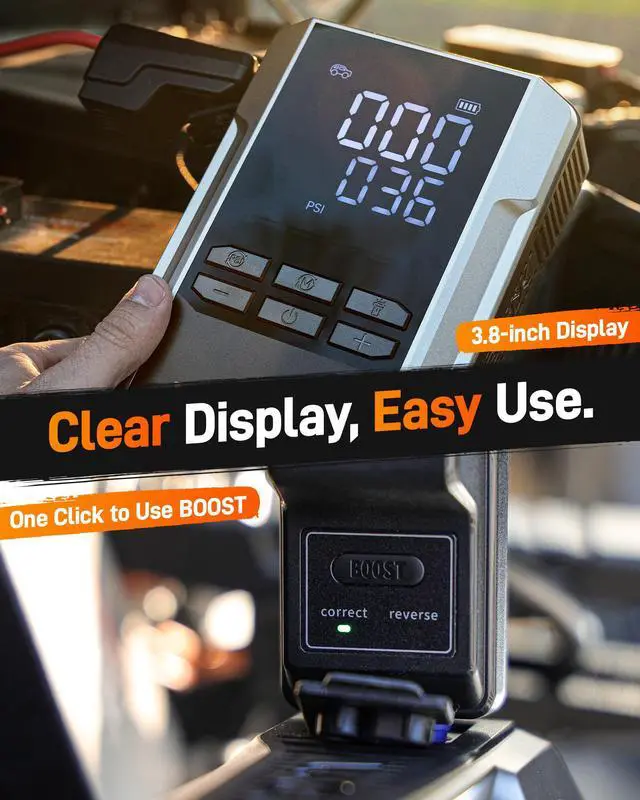 Alt view image 3 of 6 - WOLFBOX 3000A Jump Starter & Air Compressor - 16000mAh 12V Portable Power Bank, 160PSI Tire Inflator for 8L Gas/6L Diesel Engines (Boost Mode, LED Light, Jumper Cables)