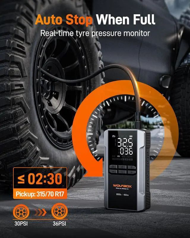 Alt view image 2 of 6 - WOLFBOX 3000A Jump Starter & Air Compressor - 16000mAh 12V Portable Power Bank, 160PSI Tire Inflator for 8L Gas/6L Diesel Engines (Boost Mode, LED Light, Jumper Cables)