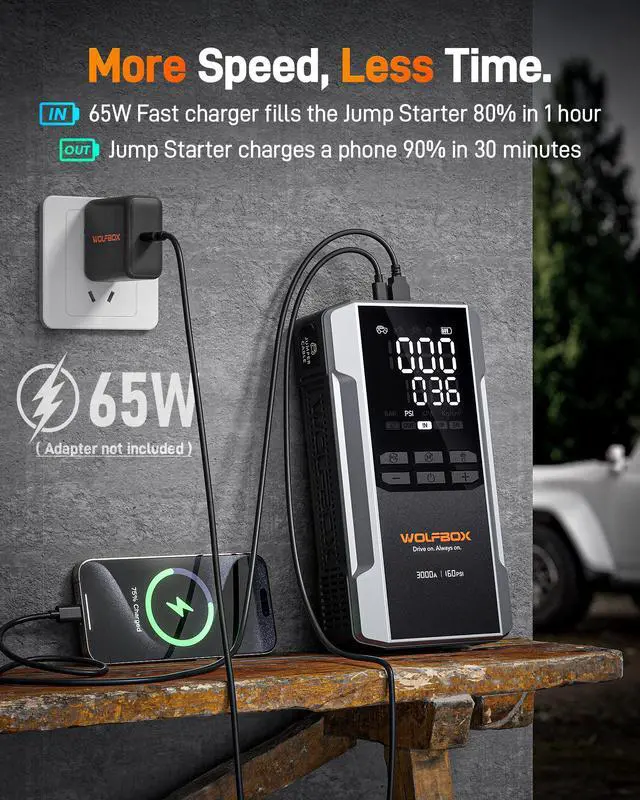 Alt view image 5 of 6 - WOLFBOX 3000A Jump Starter & Air Compressor - 16000mAh 12V Portable Power Bank, 160PSI Tire Inflator for 8L Gas/6L Diesel Engines (Boost Mode, LED Light, Jumper Cables)