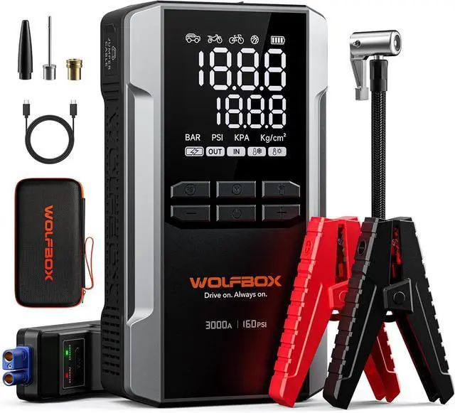 Main image of WOLFBOX 3000A Jump Starter & Air Compressor - 16000mAh 12V Portable Power Bank, 160PSI Tire Inflator for 8L Gas/6L Diesel Engines (Boost Mode, LED Light, Jumper Cables)