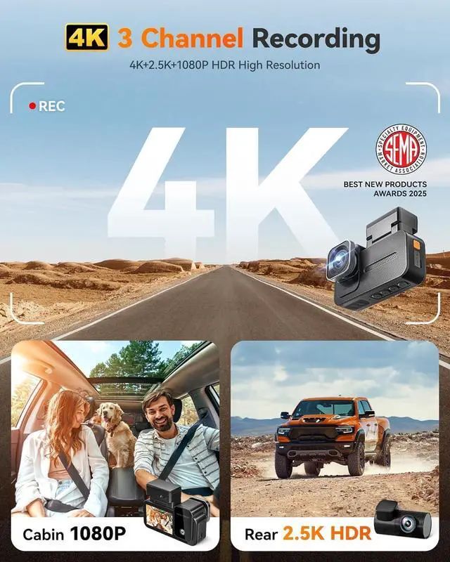 Alt view image 4 of 7 - WOLFBOX X5 3-Channel 4K Dash Cam - Car Camera  with STARVIS 2 IMX678 Sensor, 4K+2.5K+1080P, 5.8GHz WiFi, GPS, Touch Screen, Voice Control, 128GB Card Included (Up to 512GB Support)