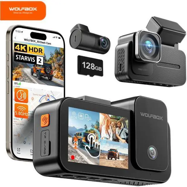 Main image of WOLFBOX X5 3-Channel 4K Dash Cam - Car Camera  with STARVIS 2 IMX678 Sensor, 4K+2.5K+1080P, 5.8GHz WiFi, GPS, Touch Screen, Voice Control, 128GB Card Included (Up to 512GB Support)