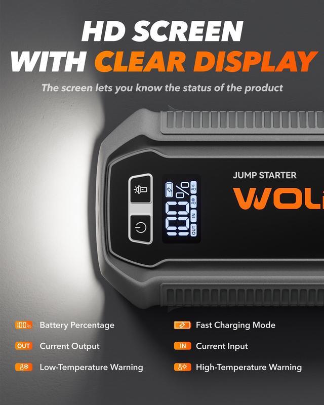 Alt view image 4 of 7 - WOLFBOX 2000A Jump Starter  12000mAh 12V Portable Power Pack, LED Display for 7L Gas/6L Diesel Engines (Booster, Light, Jumper Cables)