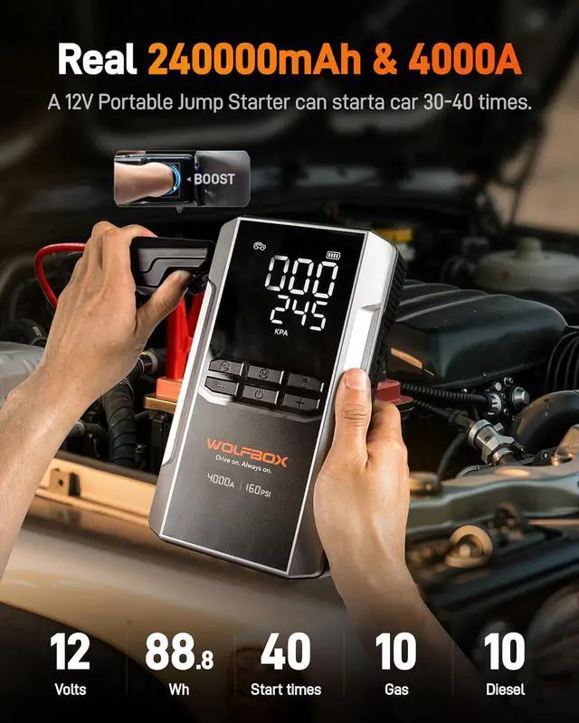 Alt view image 2 of 7 - WOLFBOX 4000A Jump Starter & Tire Inflator - 160PSI Air Compressor, 24000mAh 12V Car Booster, 65W Fast Charge for Gas/Diesel Engines, LED Display, Cables