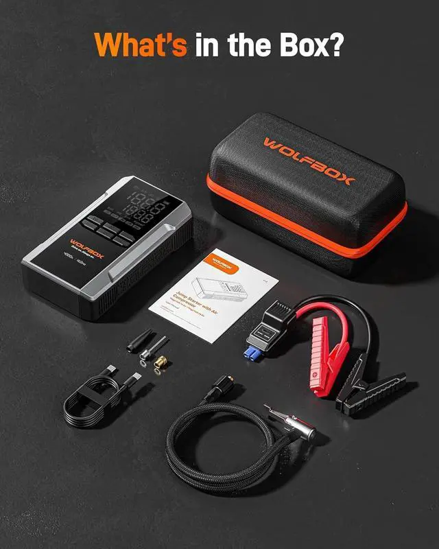Alt view image 7 of 7 - WOLFBOX 4000A Jump Starter & Tire Inflator - 160PSI Air Compressor, 24000mAh 12V Car Booster, 65W Fast Charge for Gas/Diesel Engines, LED Display, Cables